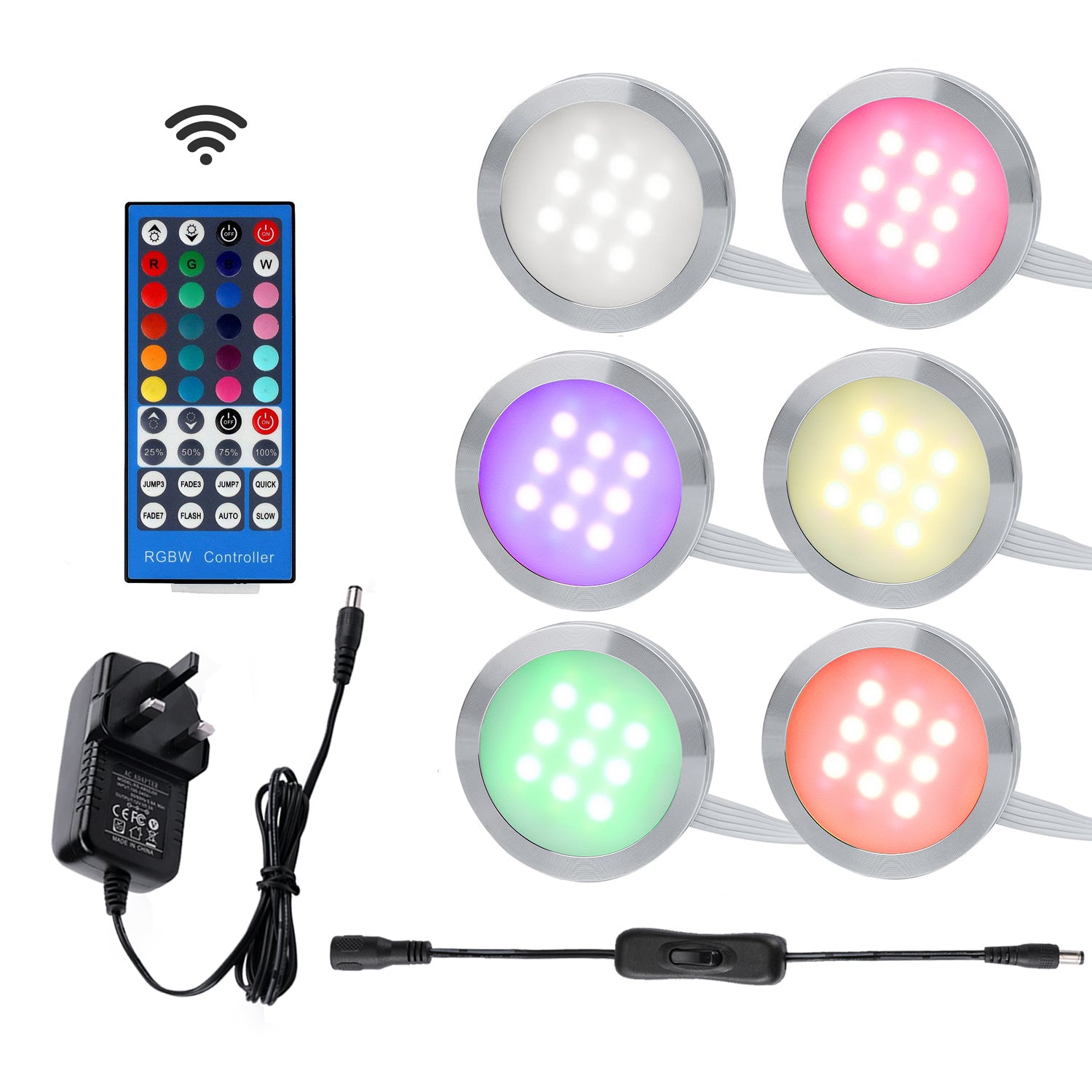 AIBOO RGBW RGB+Weiß/RGB+Warmweiß, Farbwechsel-LED-Unterbauleuchten-Set mit Fernbedienung, Puck-Lampen für stimmungsvolle Küchenthekenbeleuchtung (6 Lichter, 18 W)