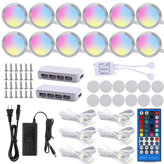RGBW/RGBWW Color Changing Puck lights, 12 Pack with remote control for Kitchen,Counter,Showcase Decoration 1500
