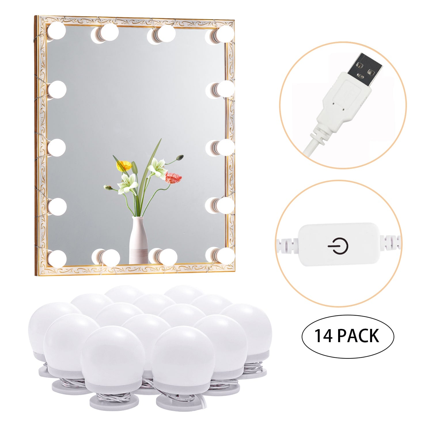 Lumières LED pour miroir de maquillage (4000 K, 14 ampoules, USB 5 V) Miroir non inclus