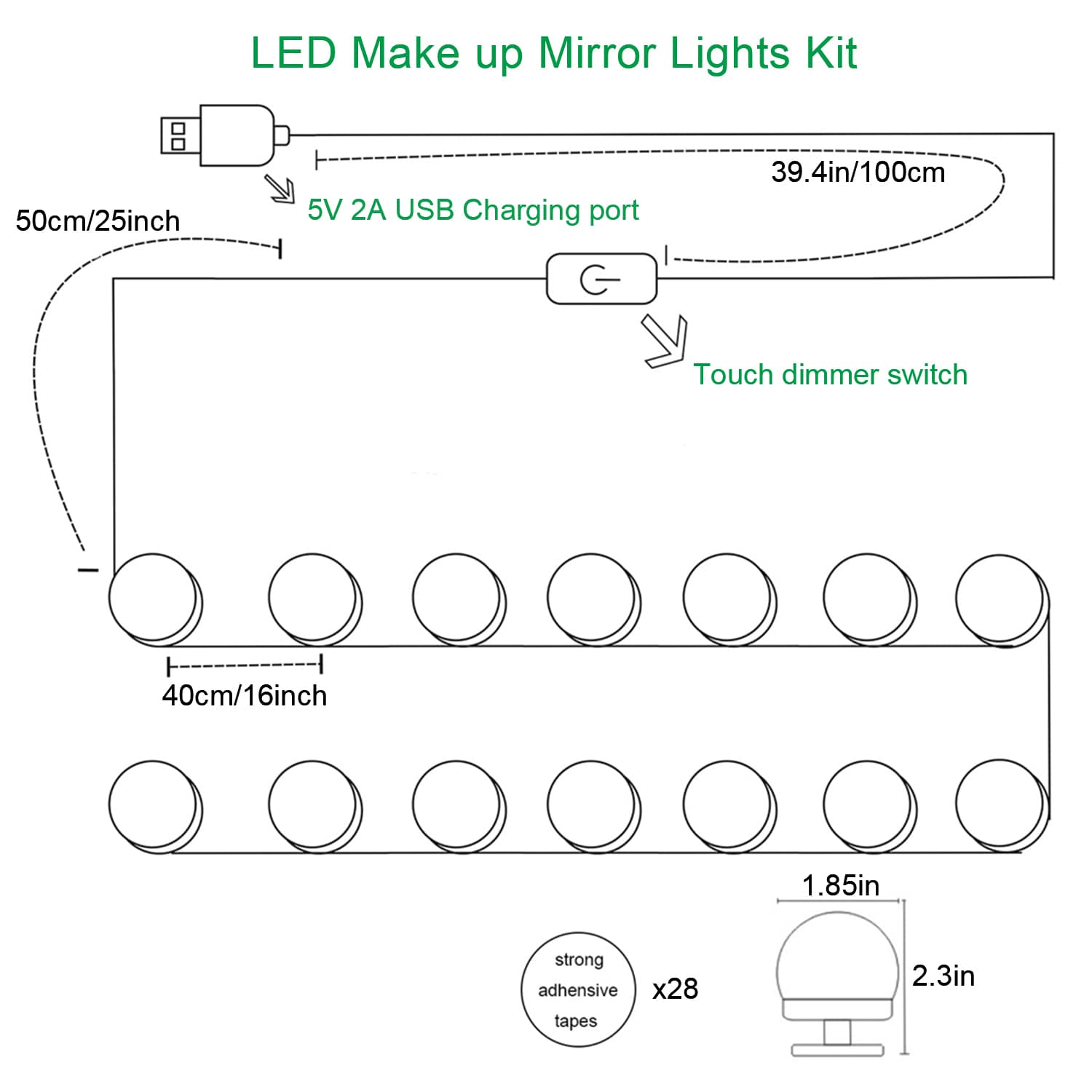 LED-Leuchten für Schminkspiegel (4000 K, 14 Glühbirnen, 5 V USB), Spiegel nicht im Lieferumfang enthalten