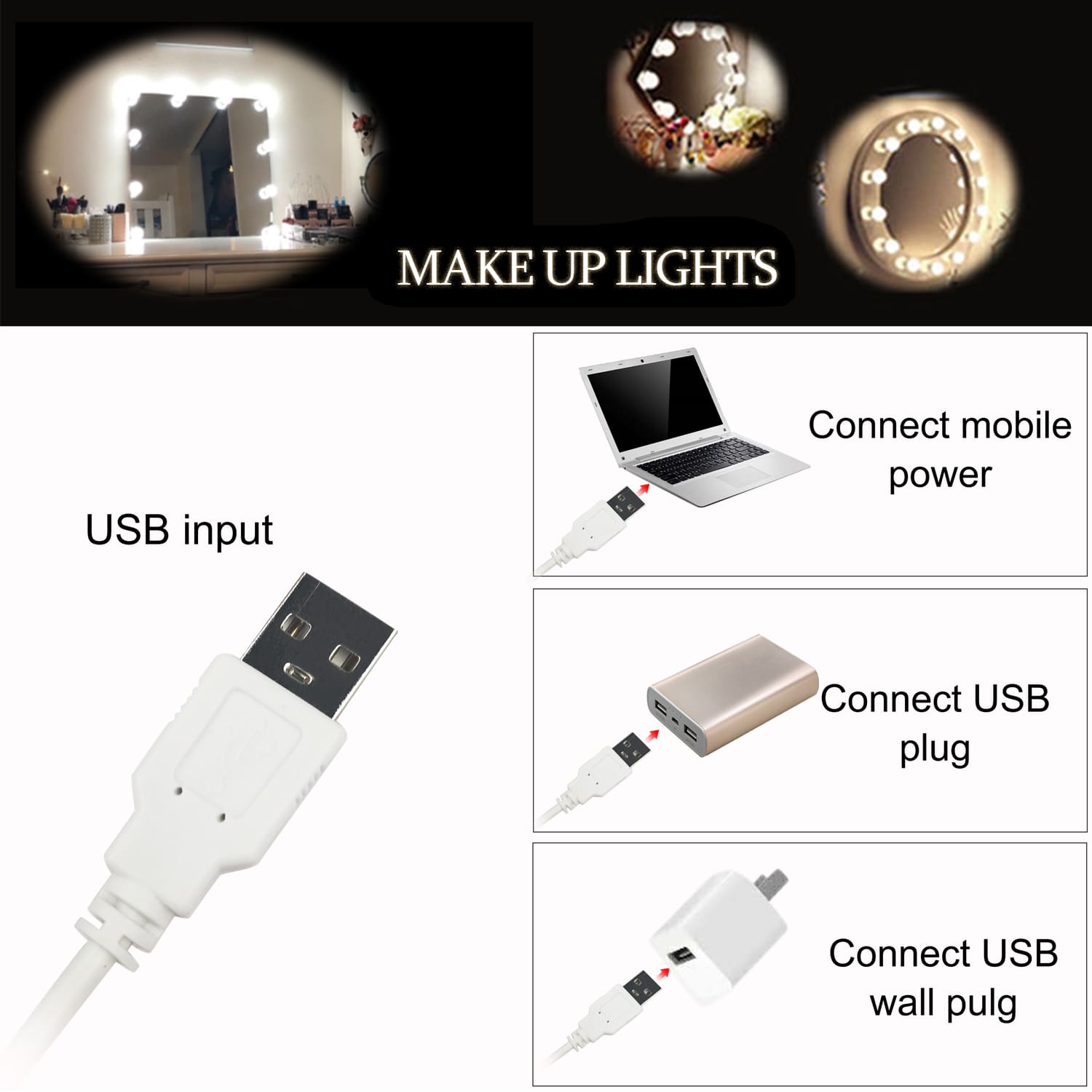 Lumières LED pour miroir de maquillage (4000 K, 14 ampoules, USB 5 V) Miroir non inclus