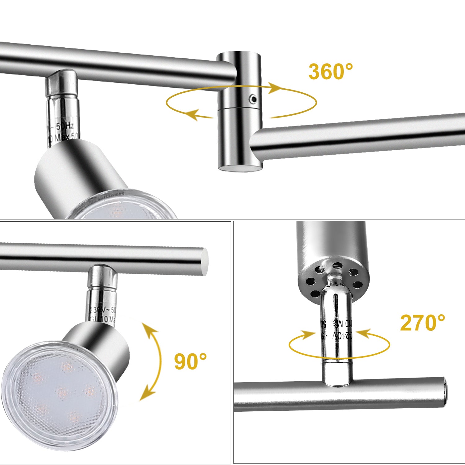 Luminaire sur rail à 6 têtes à DEL, sans ampoules (base GU10, nickel satiné)