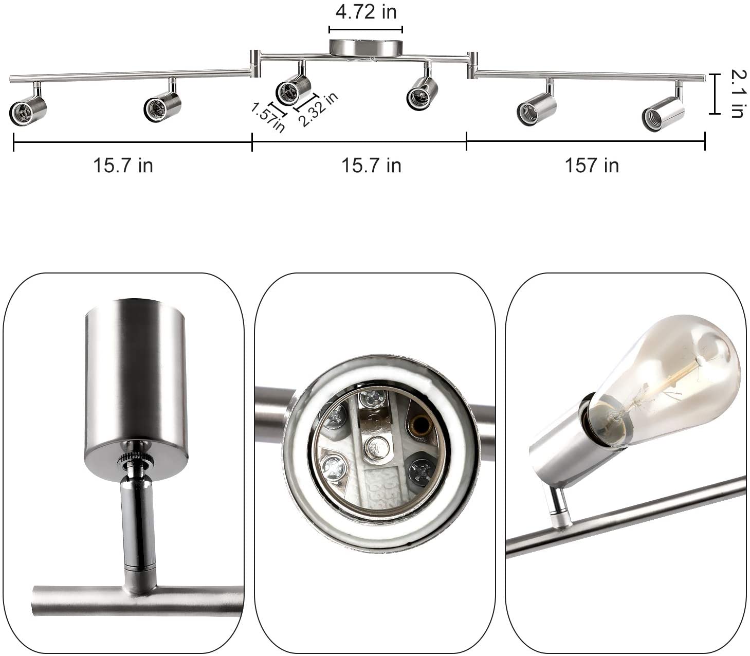 Luminaire sur rail à 6 têtes à DEL, sans ampoules (base E26, nickel satiné) 