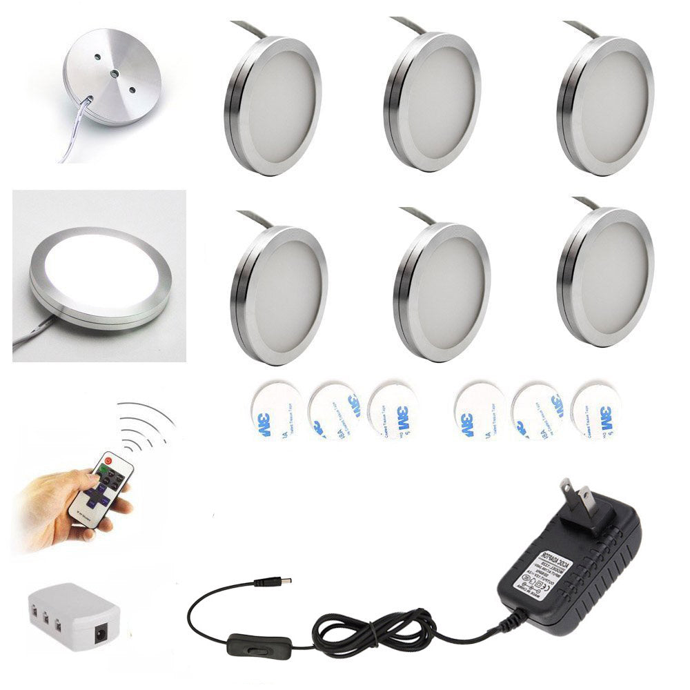 AIBOO LED Éclairage sous armoire 6PCS LED Puck Lights avec télécommande RF sans fil à intensité variable pour sous comptoir, étagères et meubles (fil blanc) 