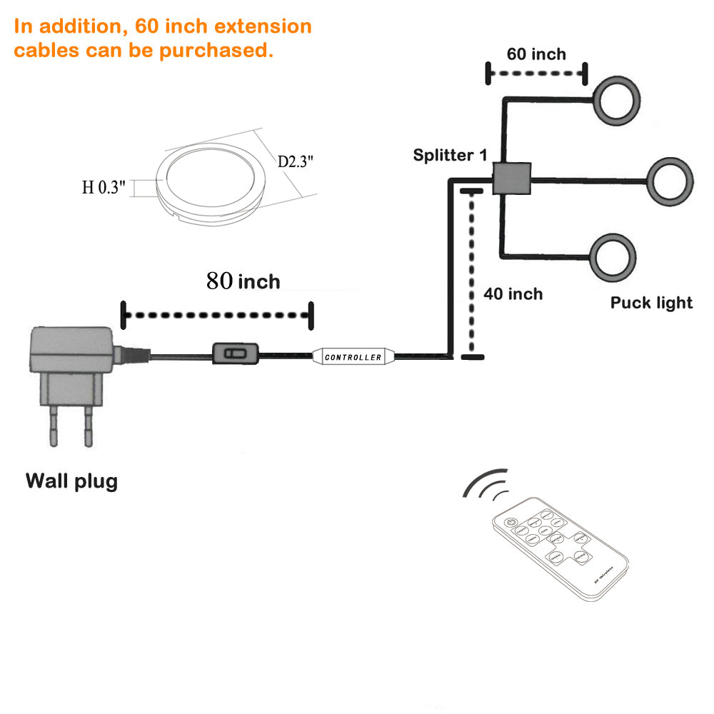 Dimmable LED Under Cabinet Puck Lights AIBOO 3 Wired Puck lights with RF Remote Control for Home Kitchen Counter Lighting