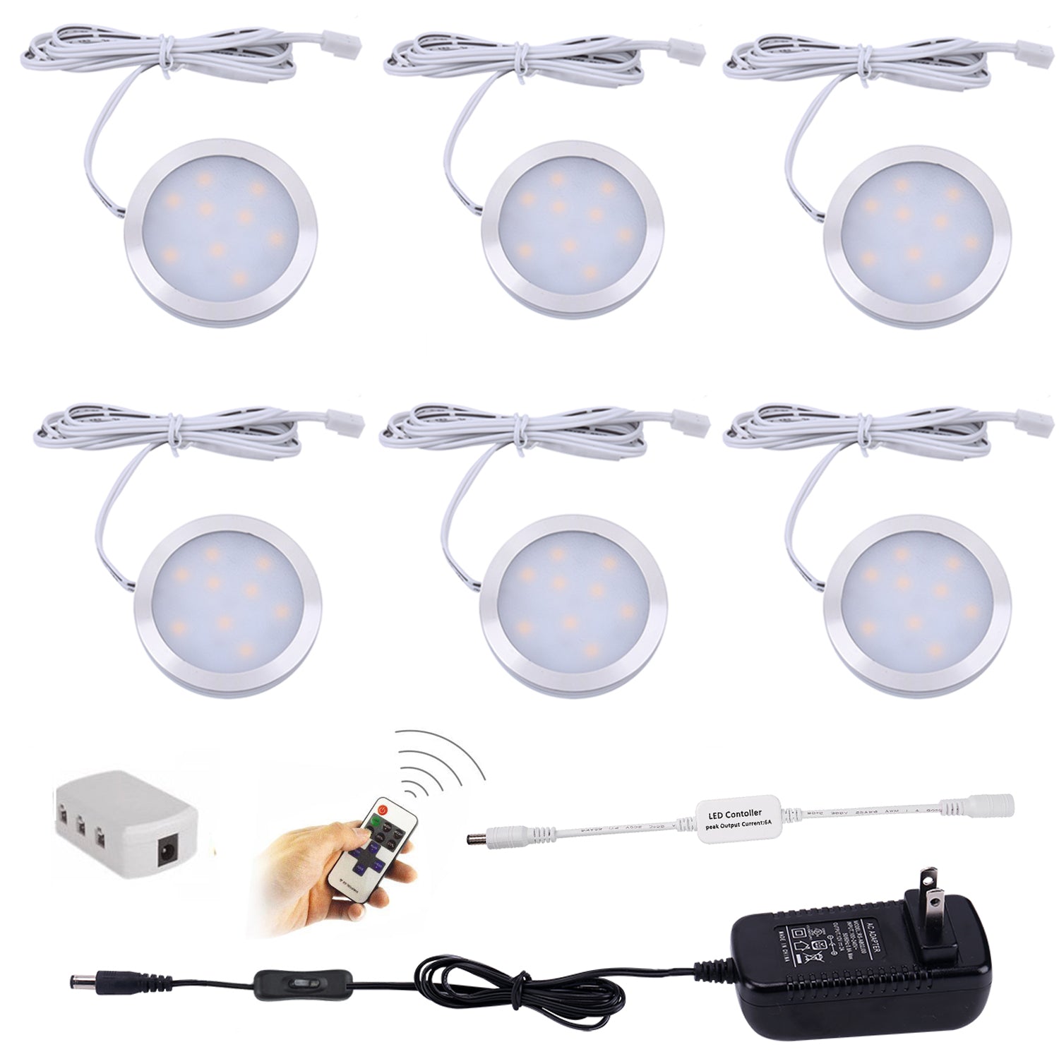 AIBOO LED-Unterschrankbeleuchtung, 6 LED-Puck-Leuchten mit kabelloser RF-Fernbedienung, dimmbar, für unter der Theke, Regalmöbelbeleuchtung (weißes Kabel) 