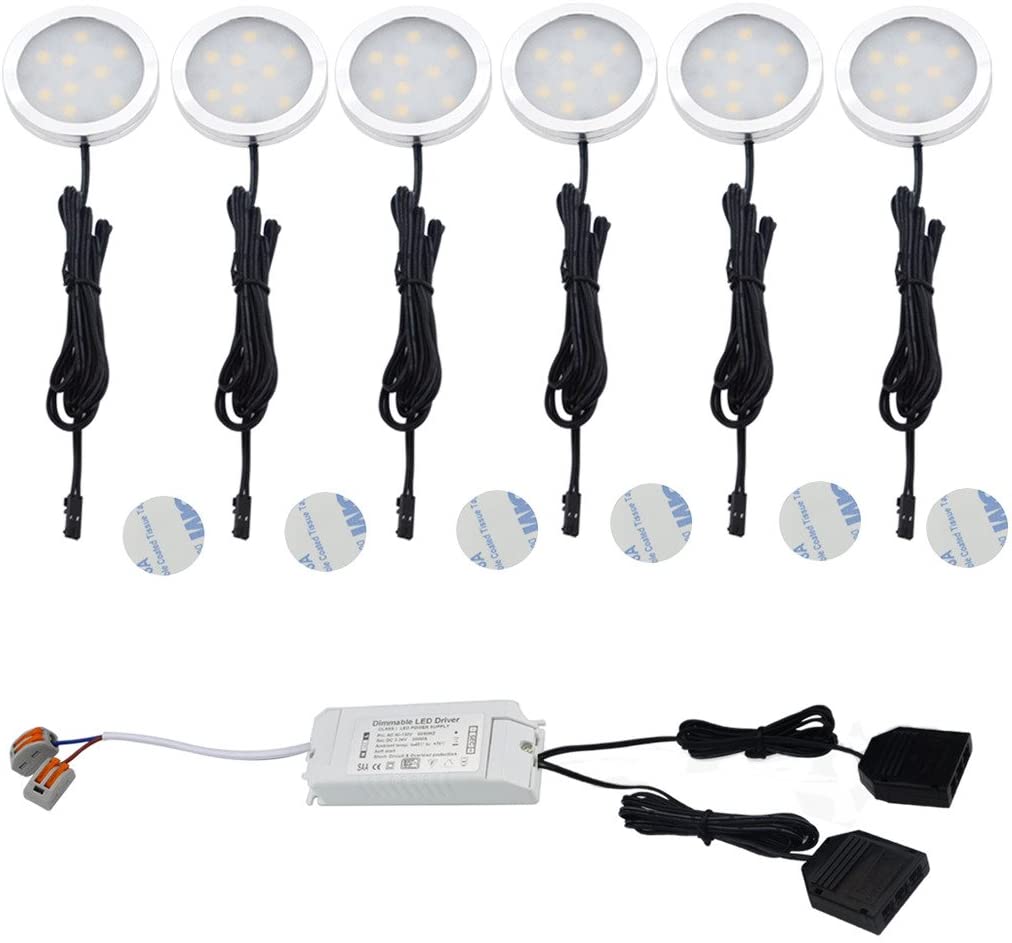 Aiboo LED-Unterschrank-Set mit 6 Puck-Leuchten, 230 V, Triac, dimmbar, mit festverdrahtetem externen Treiber für Akzentbeleuchtung im Küchenschrank (Tagesweiß 5000 K) 