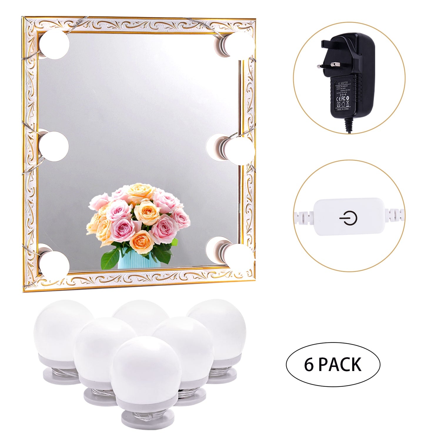 Lumières LED pour miroir de maquillage (4000 K, 6 ampoules, à brancher), miroir non inclus