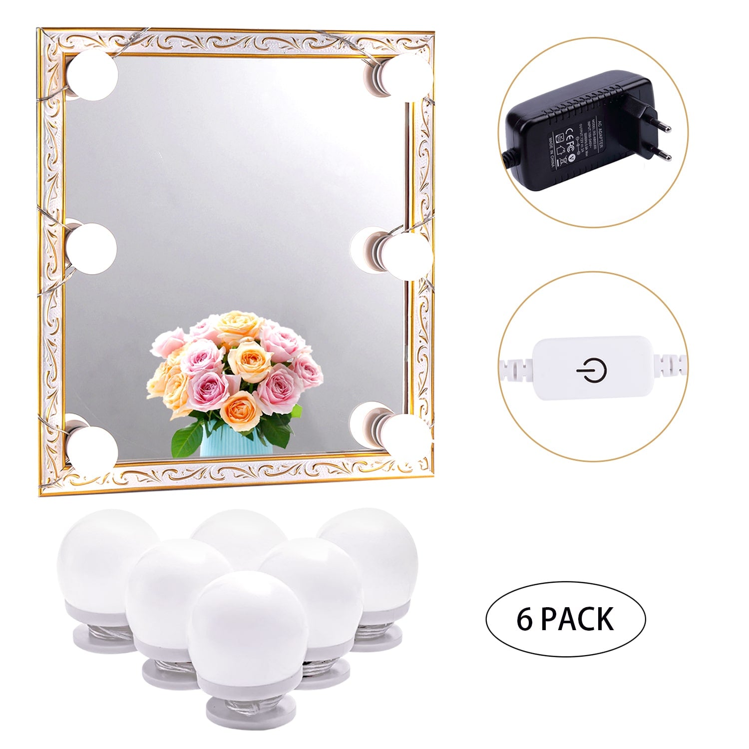 Lumières LED pour miroir de maquillage (4000 K, 6 ampoules, à brancher), miroir non inclus