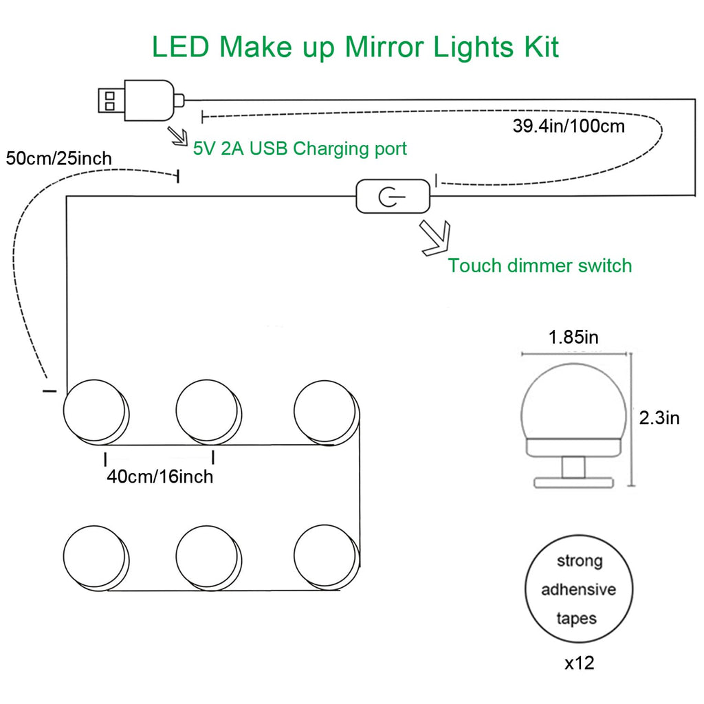 LED Makeup Mirror Lights (4000K, 6 Bulbs 5V USB) Mirror Not Included