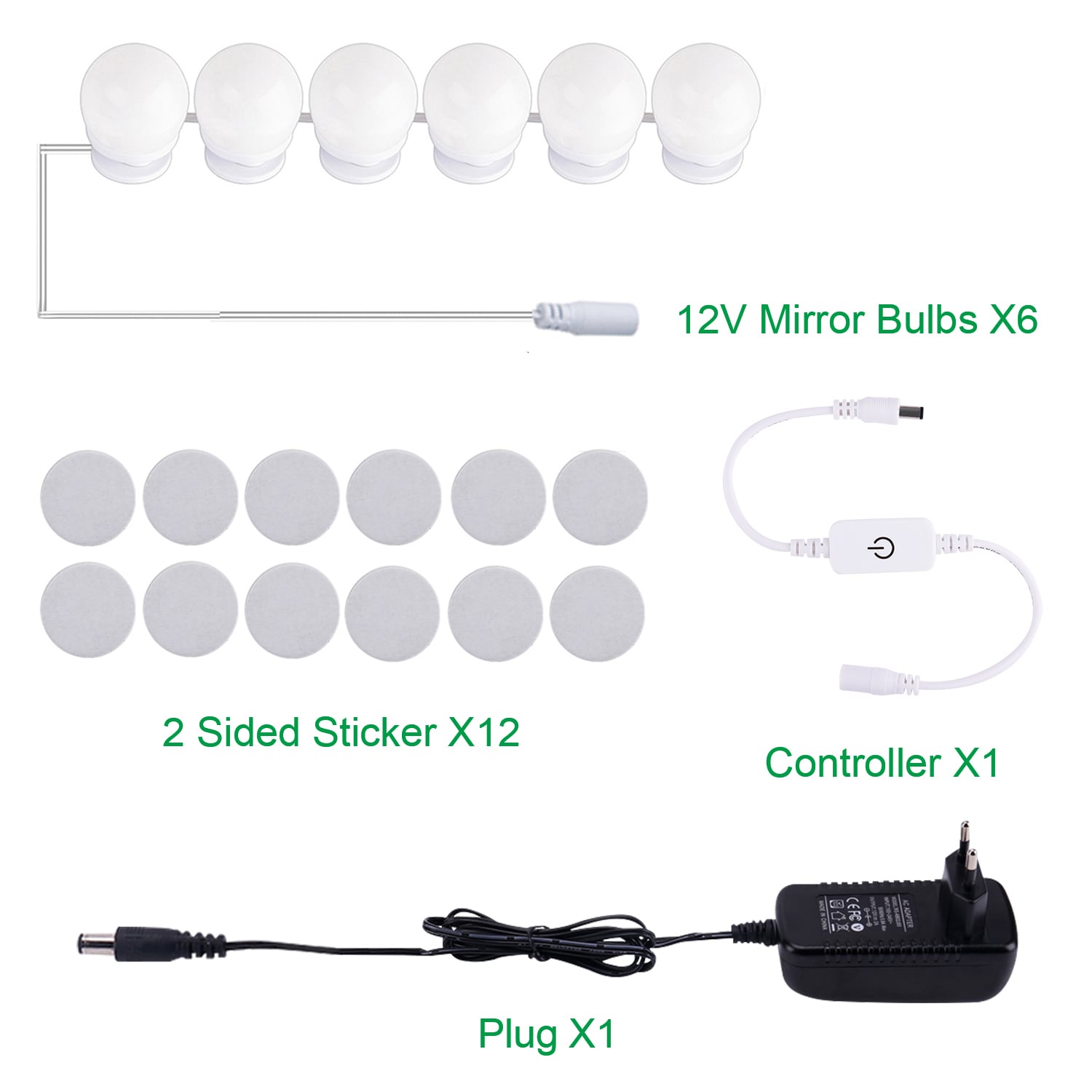 LED-Leuchten für Schminkspiegel (4000 K, 6 Glühbirnen, Stecker), Spiegel nicht im Lieferumfang enthalten