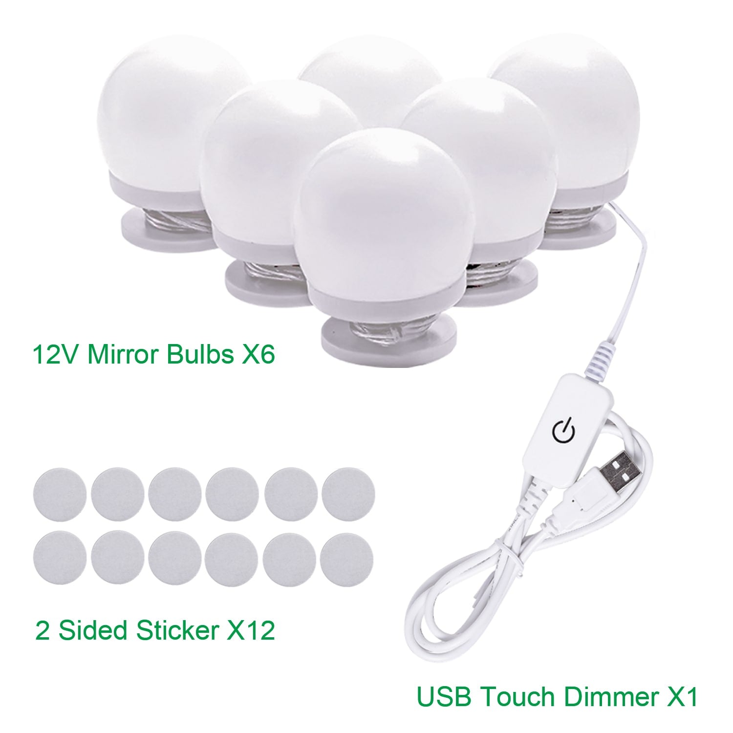 LED Makeup Mirror Lights (4000K, 6 Bulbs 5V USB) Mirror Not Included