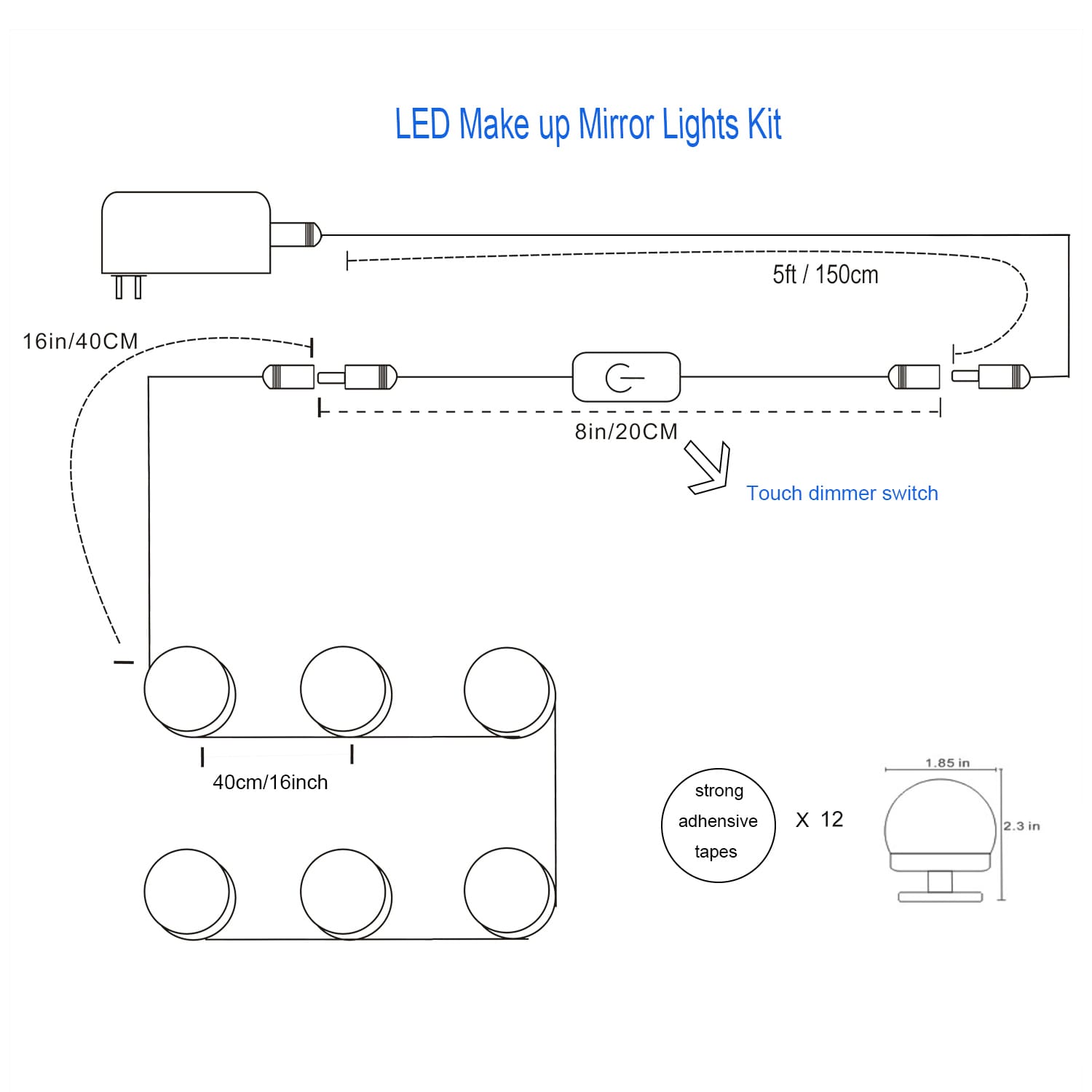 Lumières LED pour miroir de maquillage (4000 K, 6 ampoules, à brancher), miroir non inclus