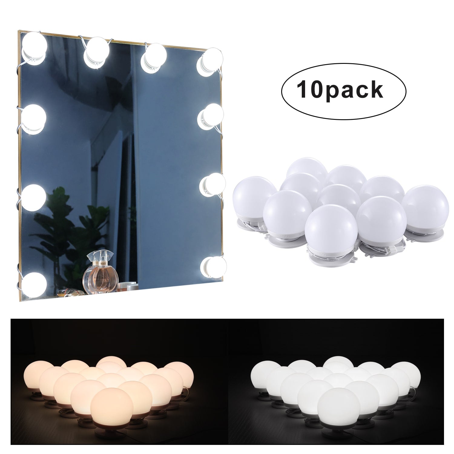 Linkable LED Makeup Mirror Lights(2700K/4000K/6000K, Plug in, 10Bulbs)